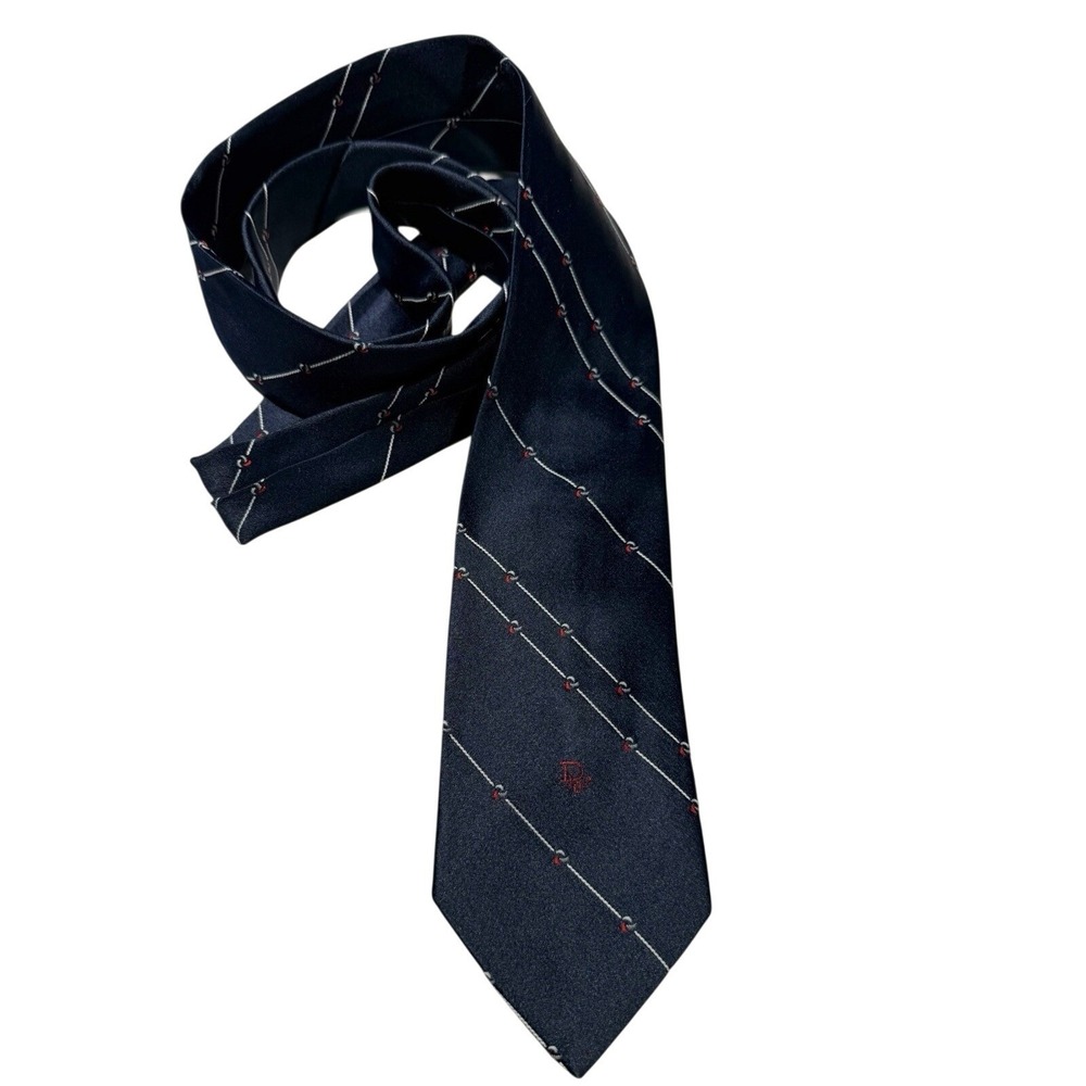 Vintage Christian Dior Mens Tie, Blue w/ White Line Stripes, Dior Logo Center